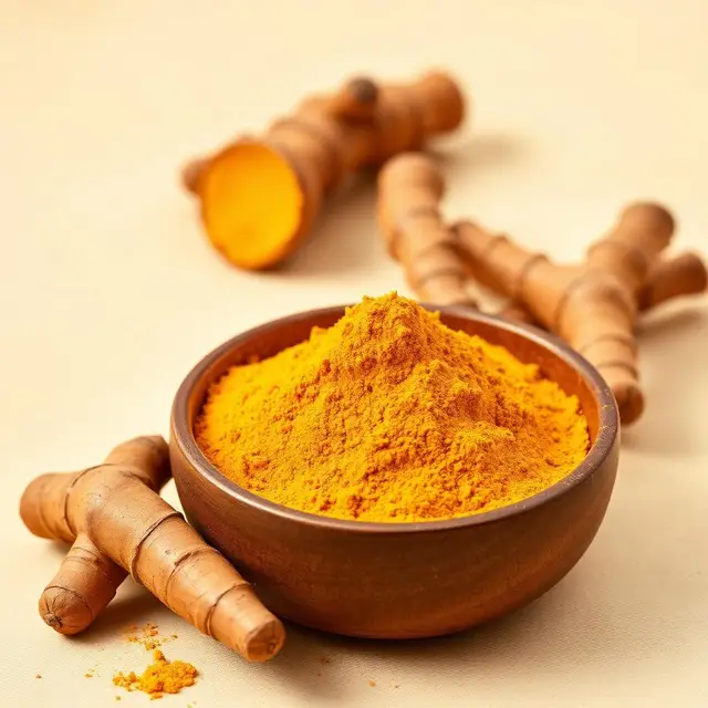 Turmeric powder in wooden bowl
